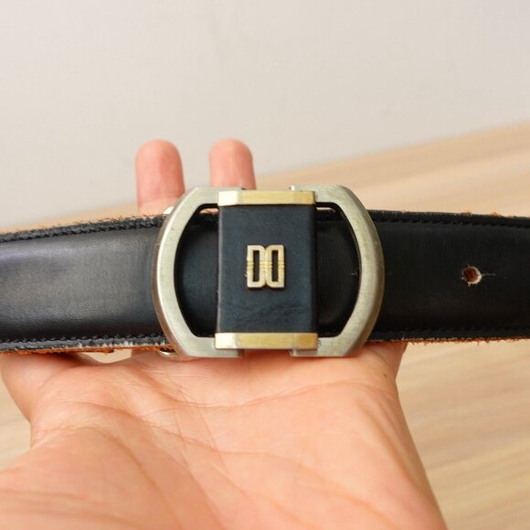 DAKS London Belt 32 Mens Black Leather Logo Buckle Italian Dress‎ Basic ENGLAND - Picture 1 of 15